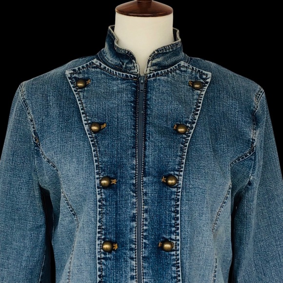 Vtg Zena Jeans Military Style Western Grunge Denim Jacket Sz Slim Med Zip Front - Picture 2 of 6